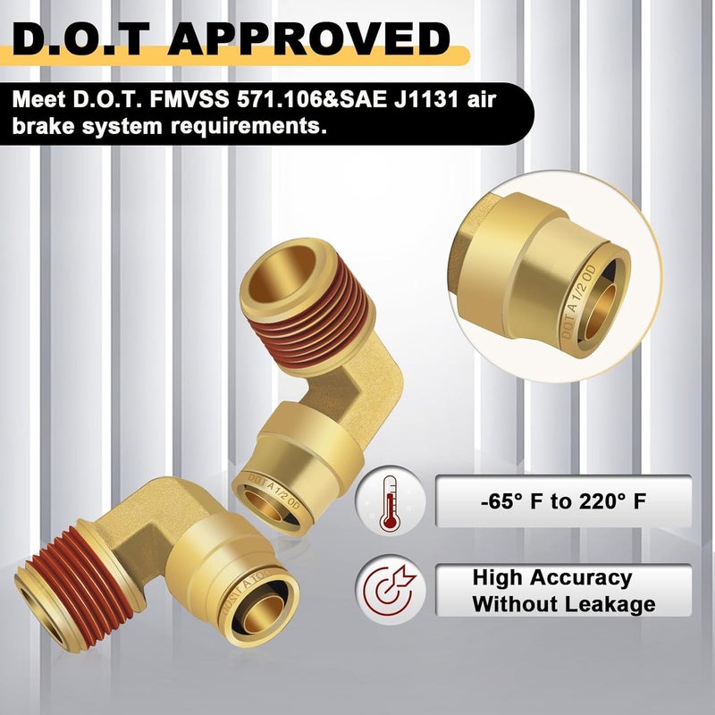 Siptenk 1/2" Elbow DOT Brass Push to Connect Air Line Fittings 5 PCS, 1/2" OD Tube x 1/2" NPT Thread Air Brake Line Quick Connect Fittings for Truck Trailers Industry Air System - Image 4